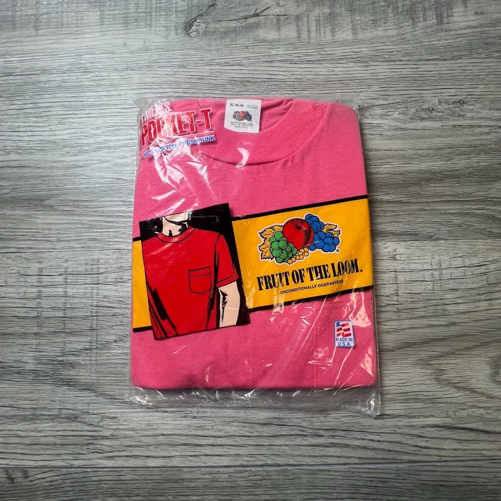 Fruit of the Loom Pocket T-Shirt Mens XL Pink Vintage 90s Single Stitch USA NEW